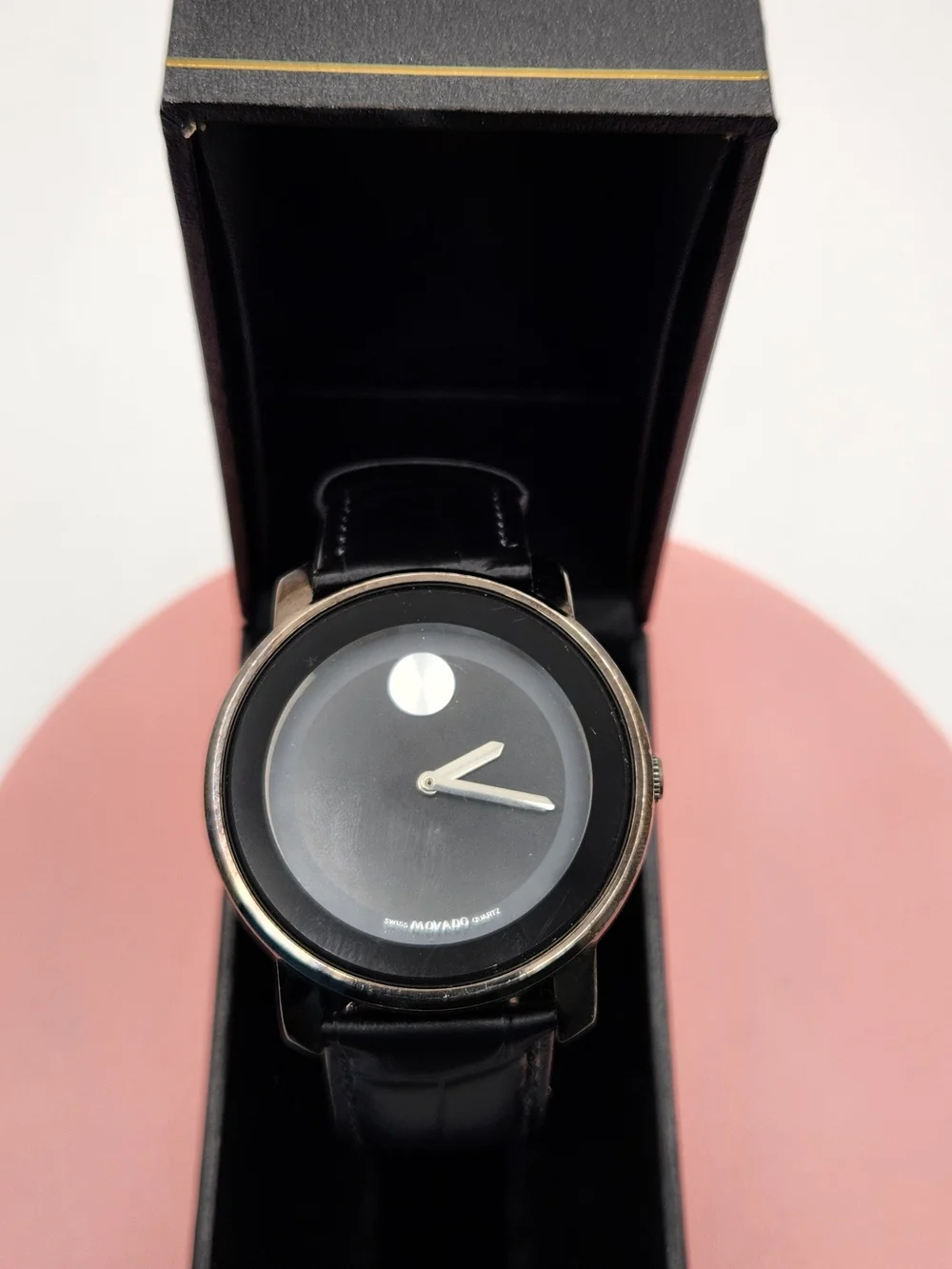 Movado Black Dial Stainless Case Leather Strap Watch 42mm Diameter